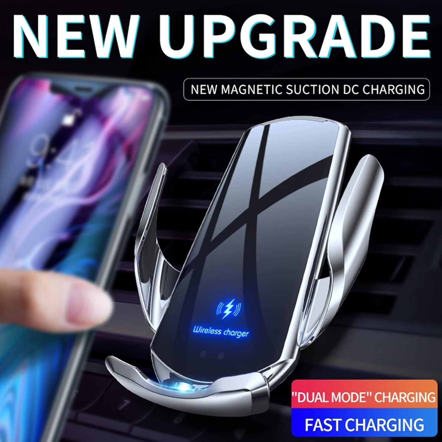 15W Wireless Car Charger with Auto-Clamping Vent Mount - Fast Charging Induction Phone Holder for Automotive Use, Black