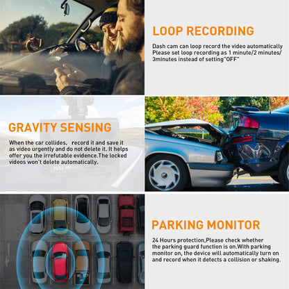 Dash Cam Front and Rear, 1080P Full HD Dash Camera, Dashcam with Night Vision, Car Camera with 3-Inch LCD Display, Parking Mode, G-Sensor, Loop Recording, WDR