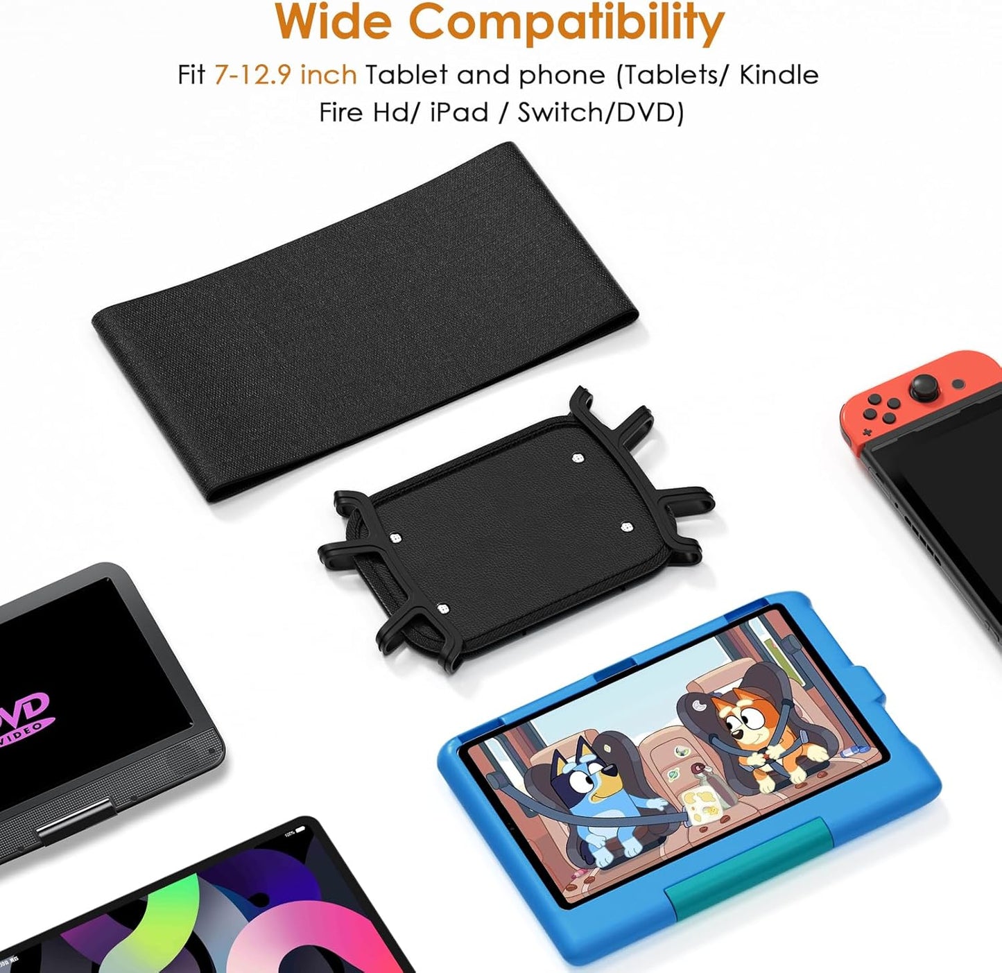 Universal Tablet Holder Set - Compatible with 7-12.9 Inch Tablets and Switch Game Console - Adjustable Car Headrest Mount with Secure Silicone Grip - Fits Most Vehicles
