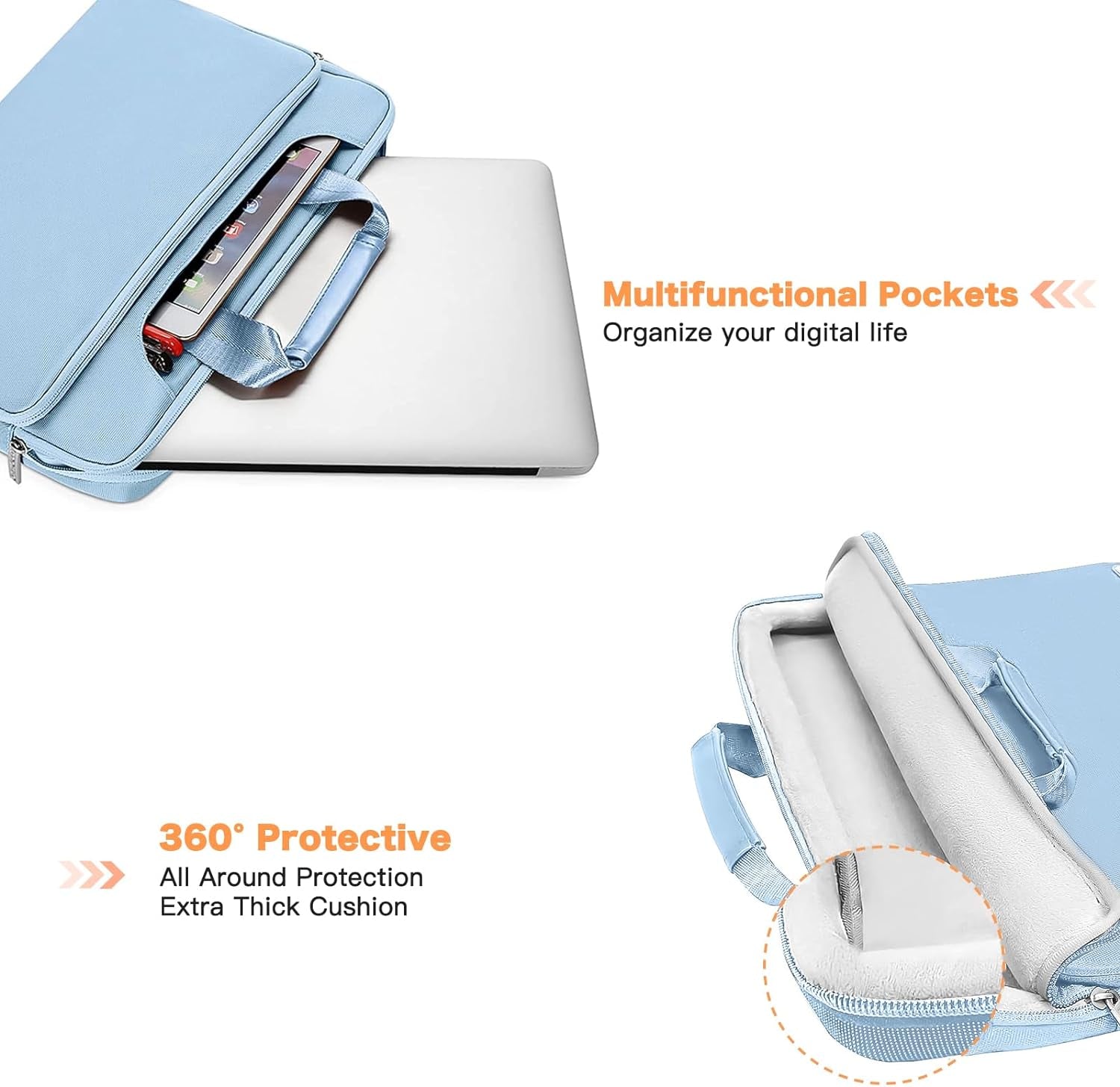 360° Protective Laptop Bag for 15.6-Inch to 16-Inch Devices, Compatible with MacBook Air/Pro, HP, Dell, Lenovo, and Asus - Stylish Carrying Case with Strap and Handle in Airy Blue