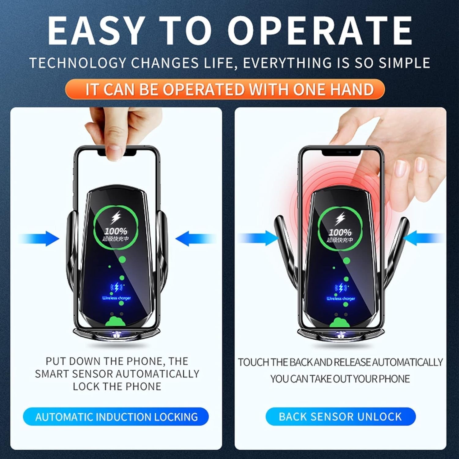 15W Wireless Car Charger with Auto-Clamping Vent Mount - Fast Charging Induction Phone Holder for Automotive Use, Black