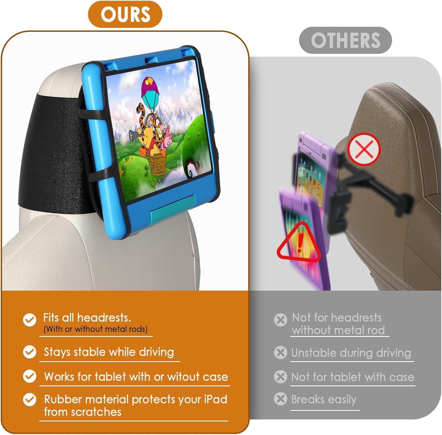 Universal Tablet Holder Set - Compatible with 7-12.9 Inch Tablets and Switch Game Console - Adjustable Car Headrest Mount with Secure Silicone Grip - Fits Most Vehicles