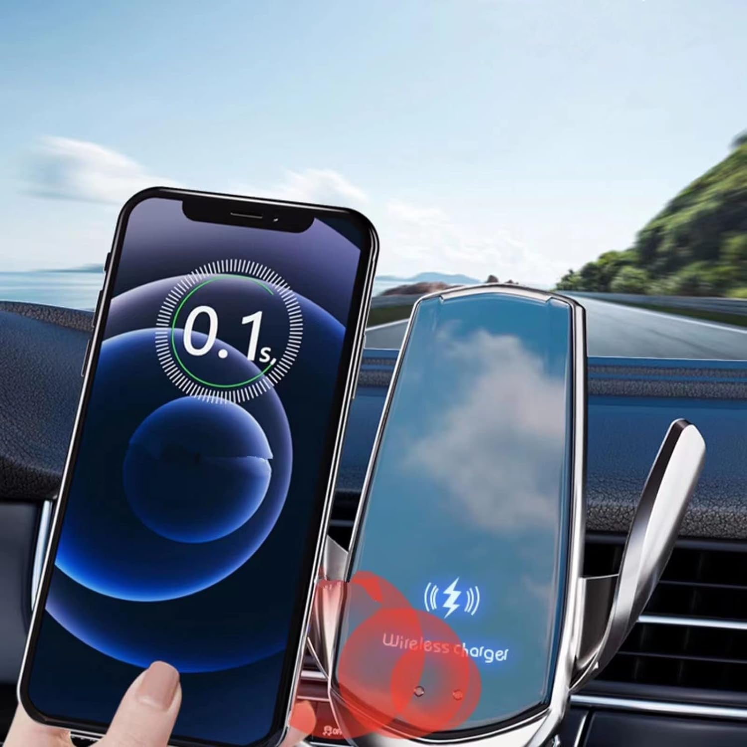15W Wireless Car Charger with Auto-Clamping Vent Mount - Fast Charging Induction Phone Holder for Automotive Use, Black